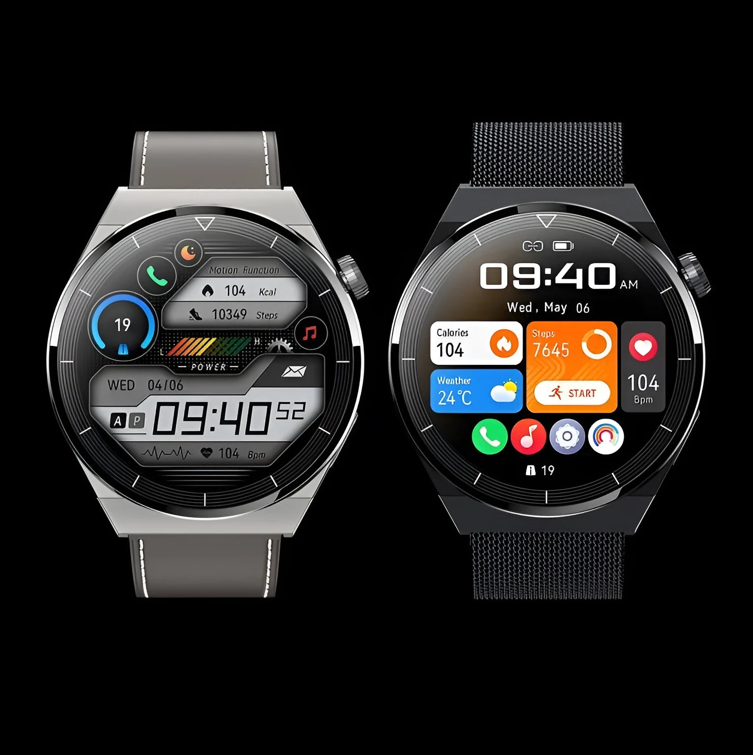 Round dial smart watch with black silicone band on wrist, displaying time and NFC/Bluetooth icons.