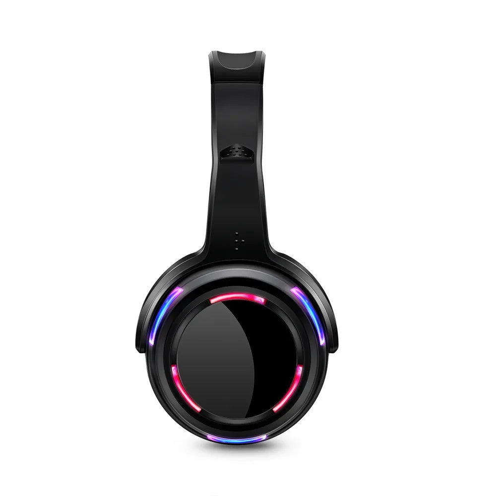 Black silent disco wireless headphones with over-ear design and 3.5mm cable.