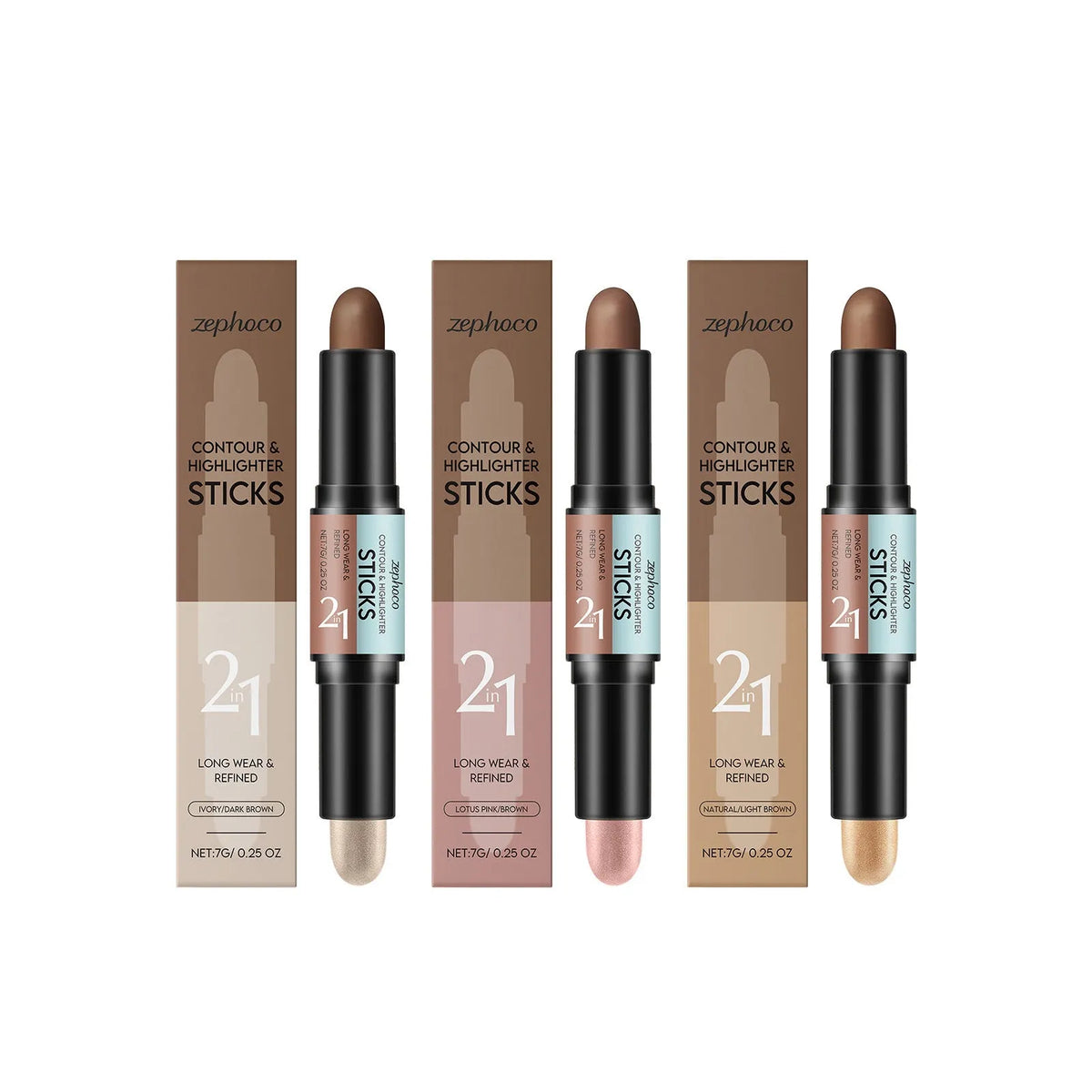 2-in-1 outline highlighter and highlight repair makeup pen in three colour shades.