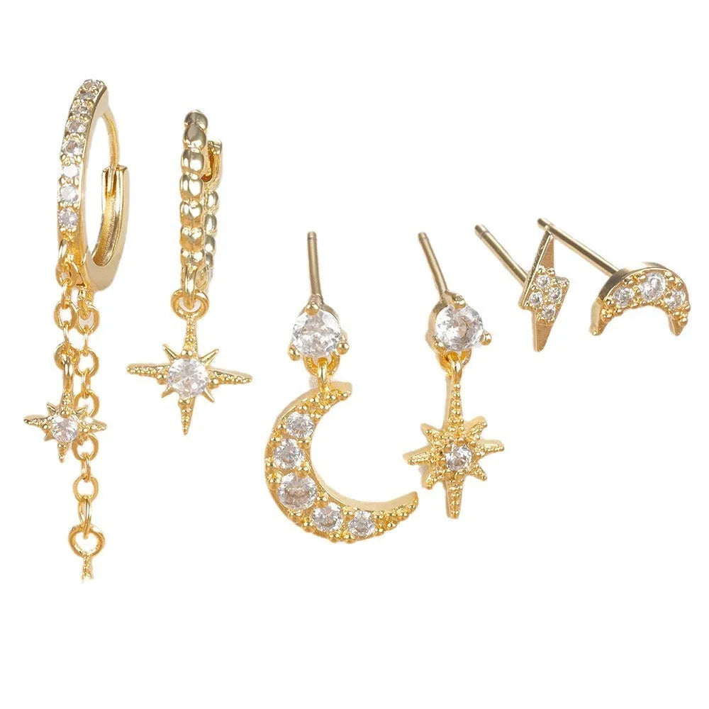 Set of six gold-coloured chain tassel earrings with zircon studs for women.