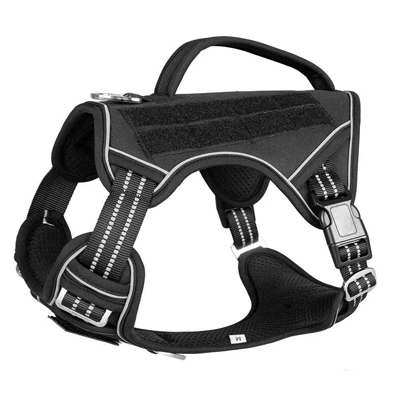 Tactical working dog chest strap harness made from black Oxford cloth, shown fitted on a dog.