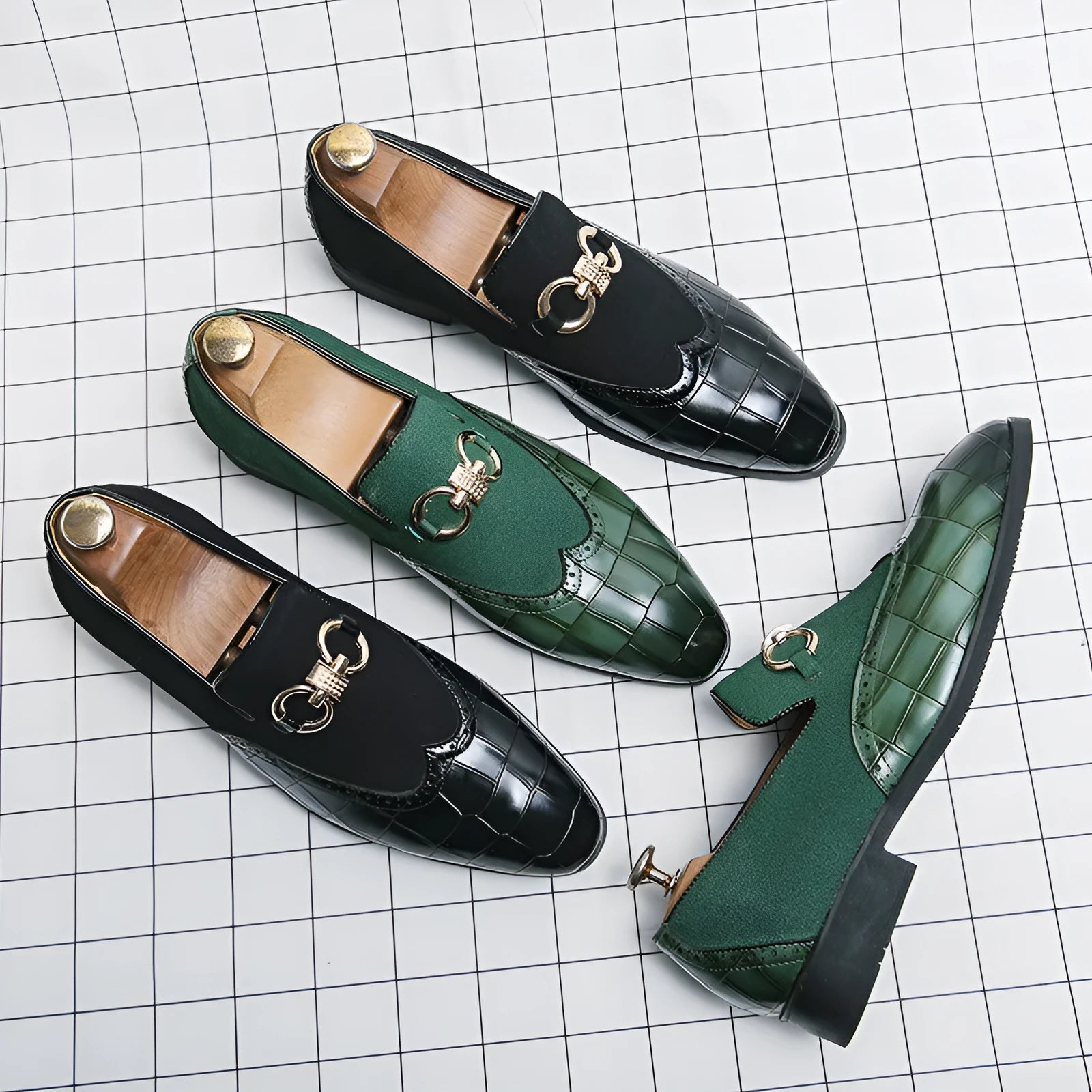 Korean style men's pointed toe leather shoes in black and green colours with rubber soles