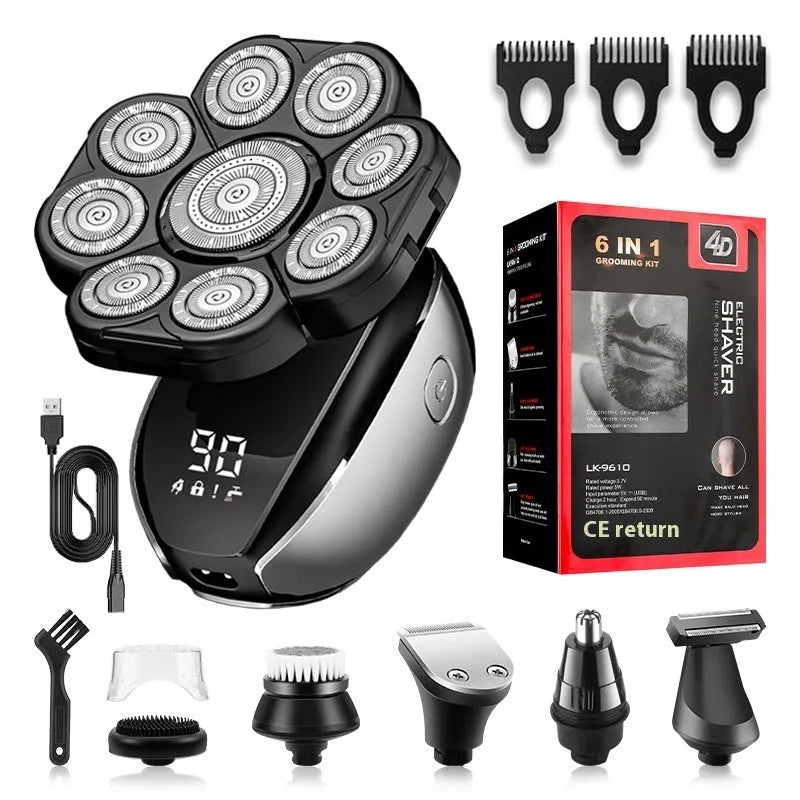 Black rechargeable 6-in-1 haircut suit with hair clipper, shaver, nose trimmer, and accessories