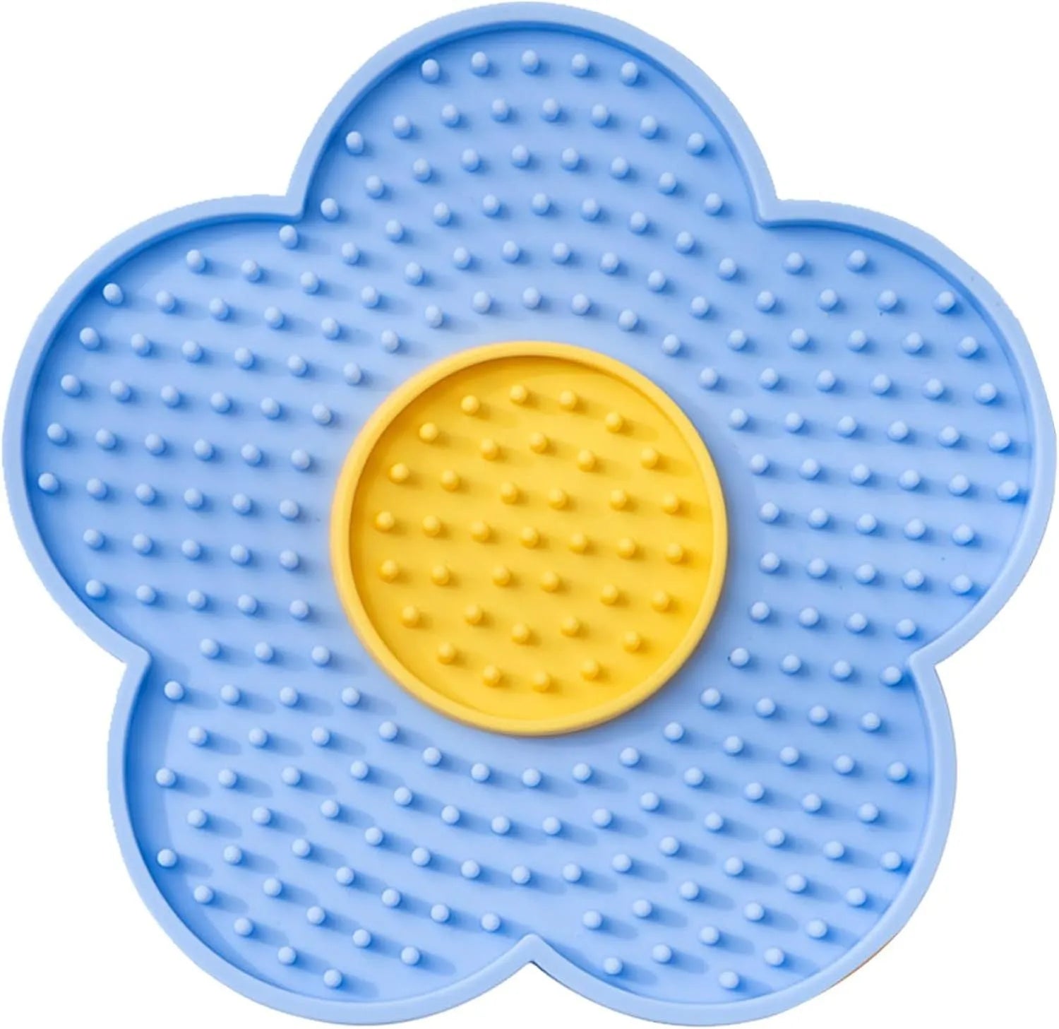 Flower-shaped blue silicone pet lick mat with suction cups on a smooth surface