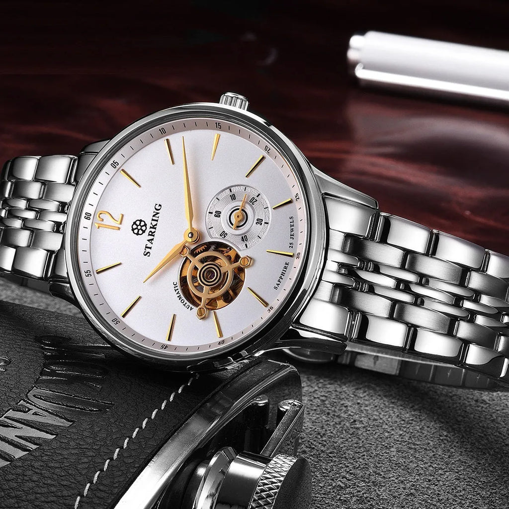 Automatic mechanical business watch with hollow three-needle dial on brown leather strap