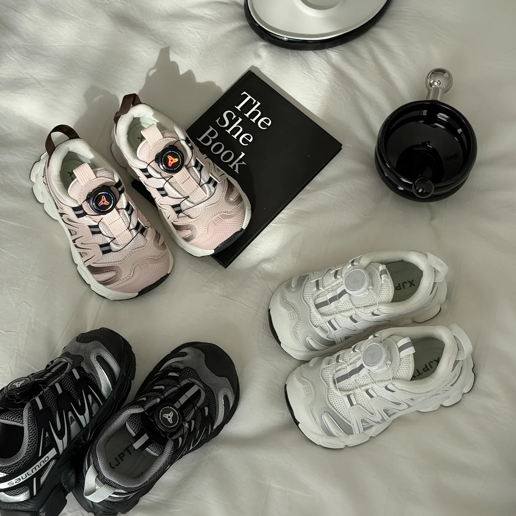 Girls' lightweight casual shoes in breathable PU leather mesh, shown in solid black, beige, or pink.