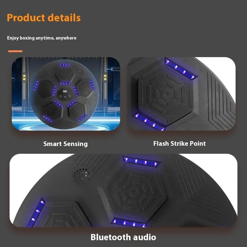 Black wall-mounted smart music boxing machine reaction target with matching black gloves.