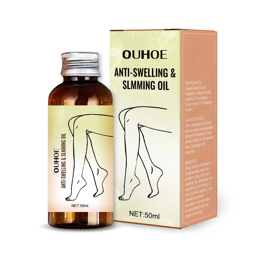 50ml bottle of moisturising body oil with cassia seed and ginger extract for skin care and leg massage.