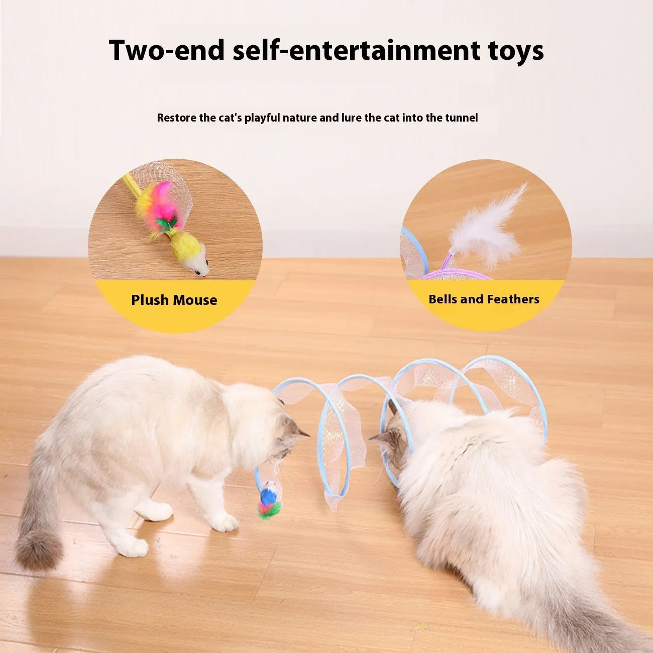 S-shaped cat tunnel with steel frame, elastic net and interior feather danglers