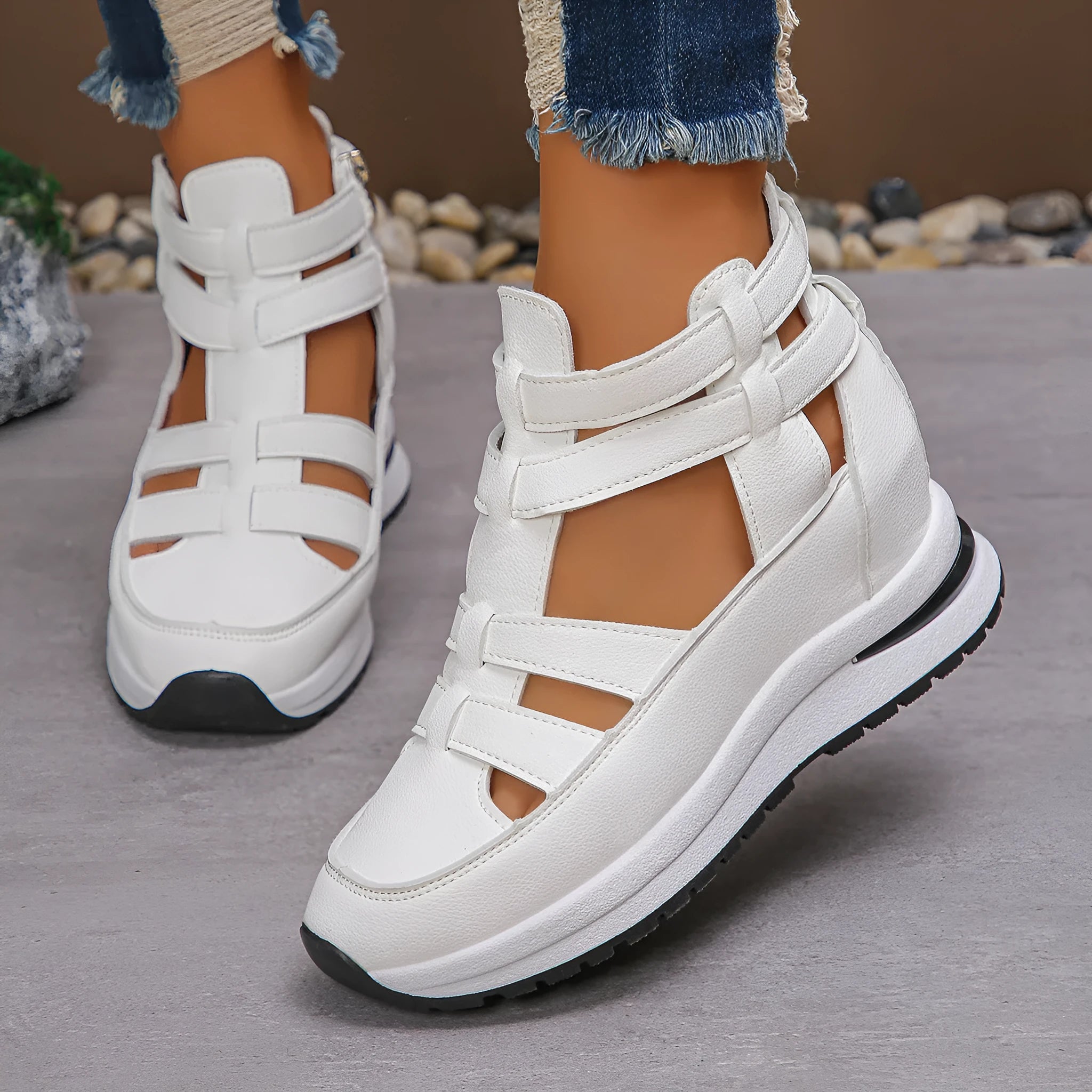 Women's black close-toed platform sandals with hollow-out design and Velcro fastening