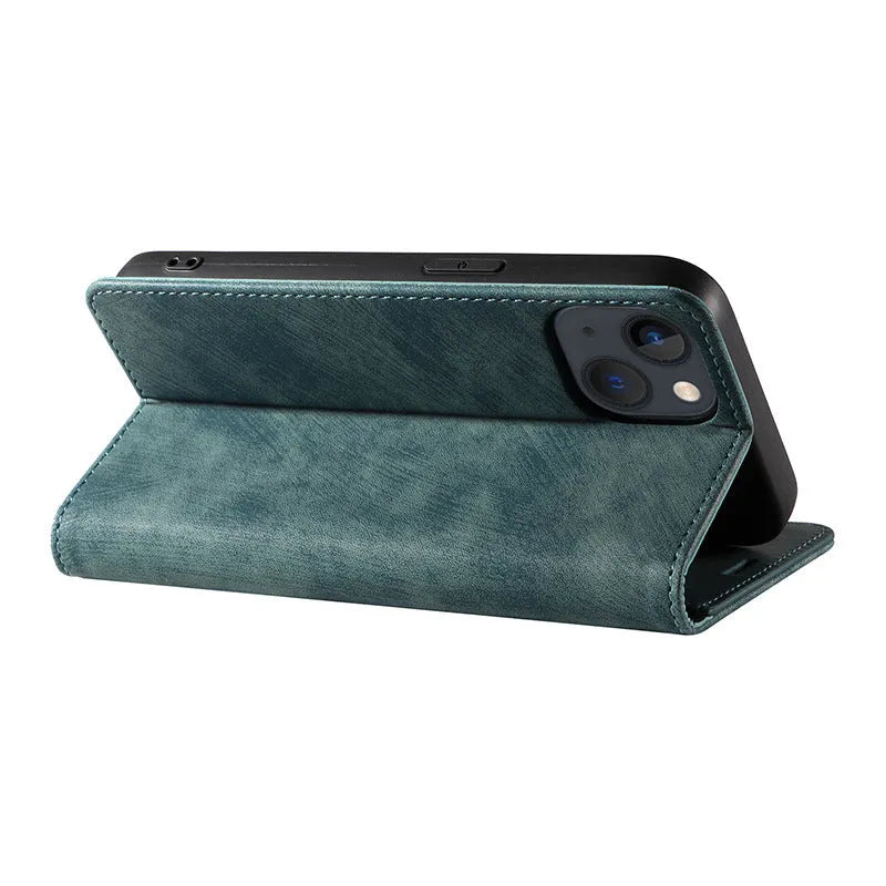 Magnetic flip leather phone case for iPhone in grey, lake green, and pink colours.