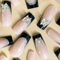 Black French style thin glittering butterfly pattern artificial nails with medium length wearable design