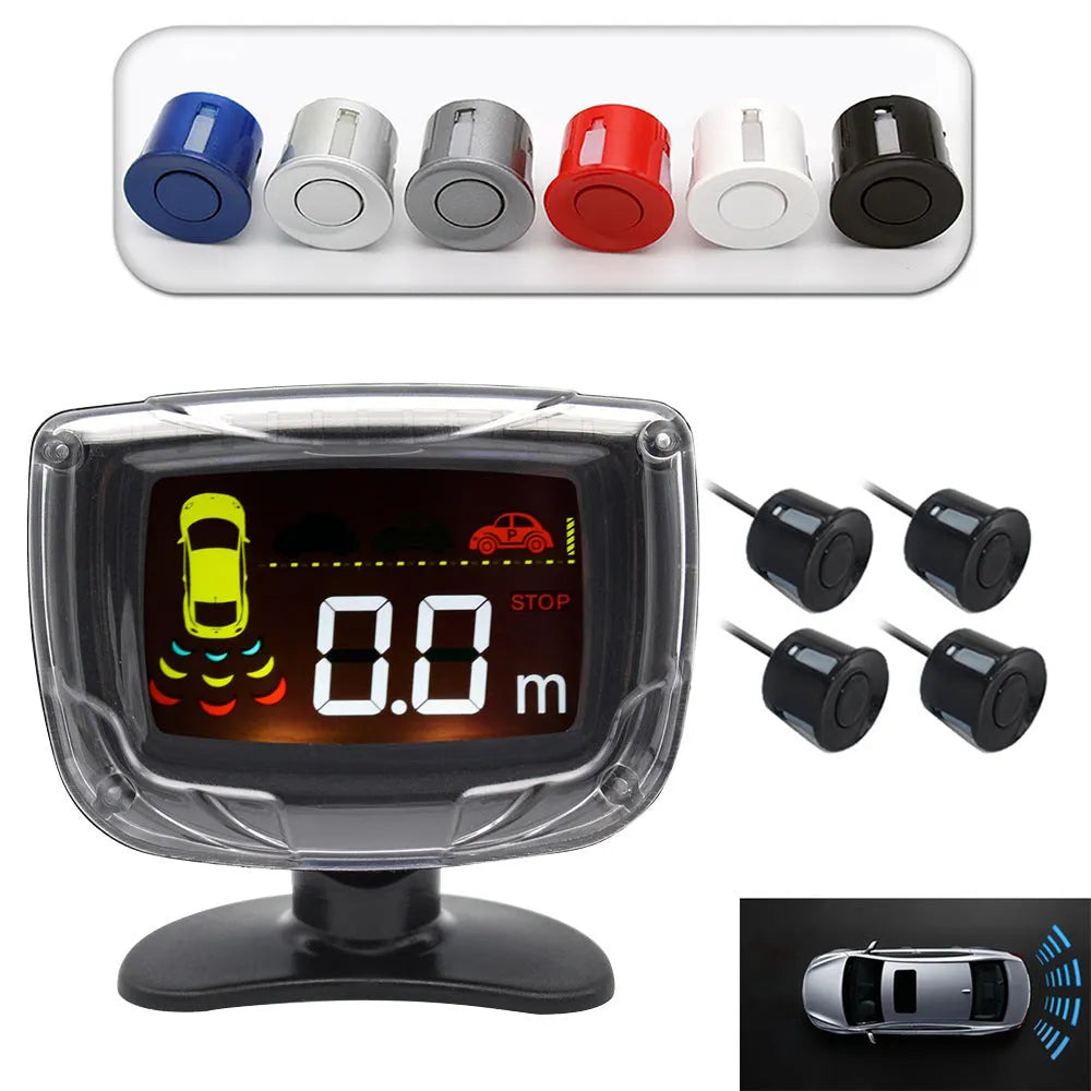 Black wireless reversing sensor system for cars with main unit, four probes, and a digital LED display.