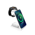 White 3-in-1 upright wireless phone charger stand with Type-C cable on desk
