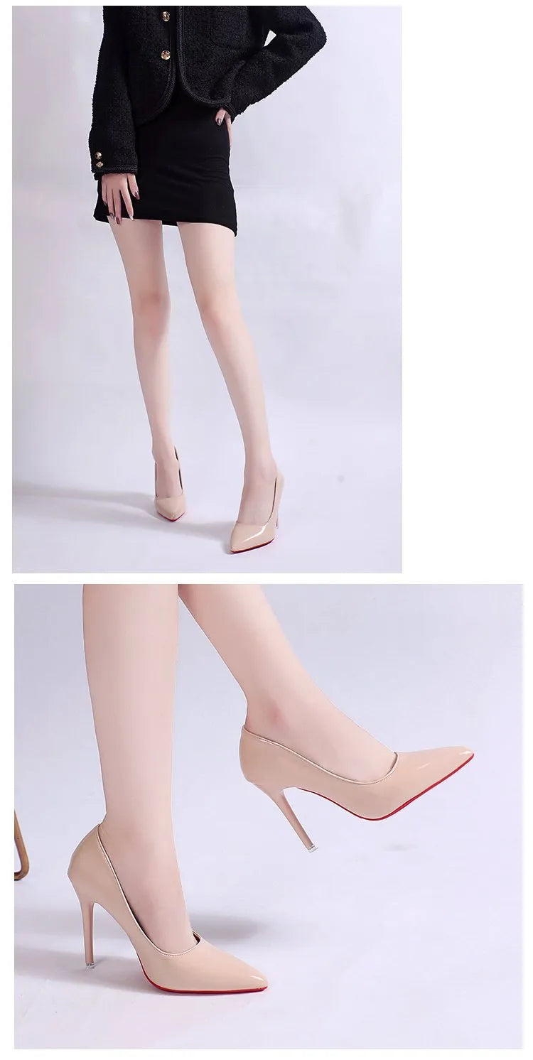 Women's black stiletto heel pointed toe pumps with a shallow mouth on a white background.