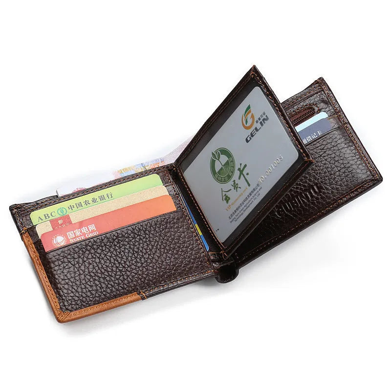 Korean style men's leather wallet in horizontal square design with contrast stitching