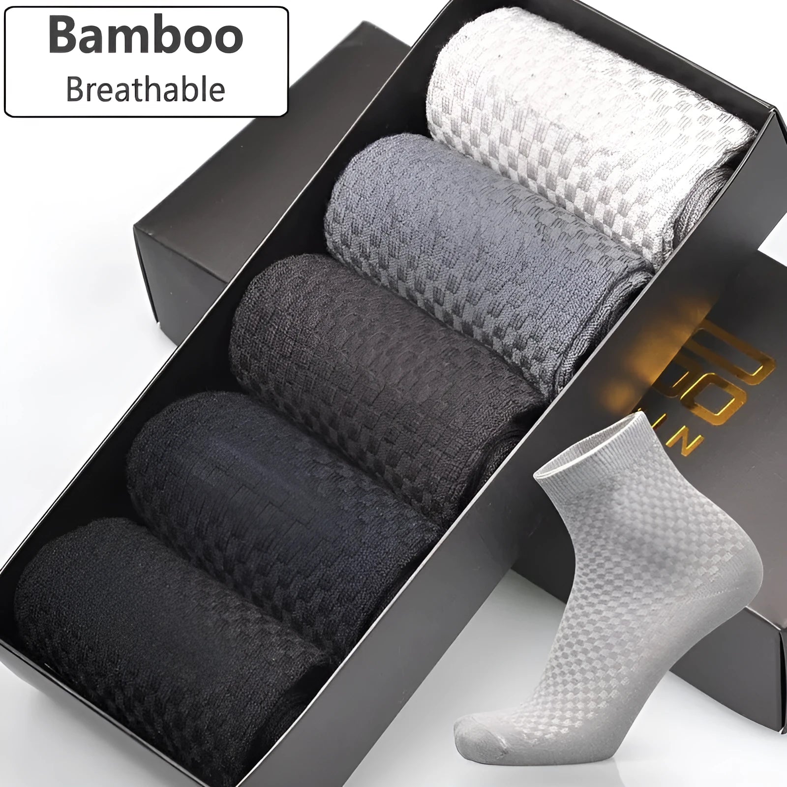 Men's bamboo fibre socks with a small square pattern in black, grey blue, iron grey, navy blue, and silver grey.
