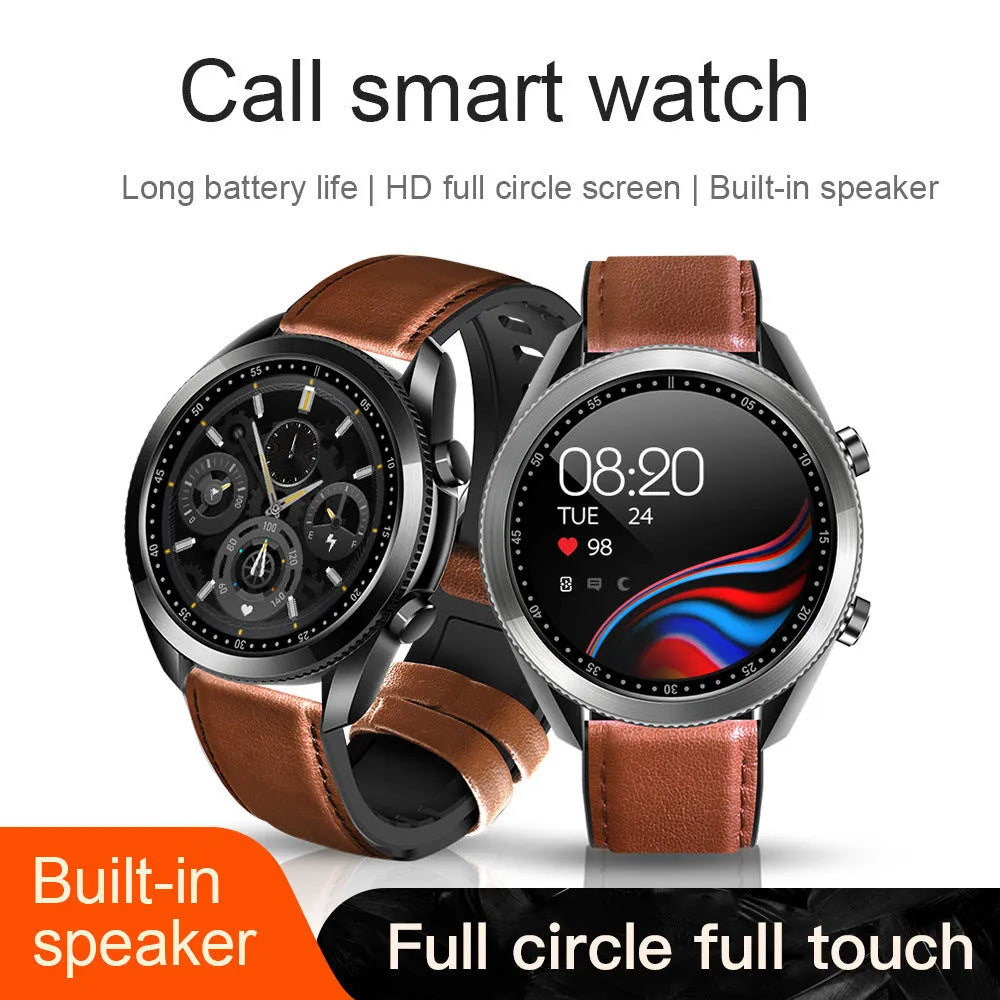 UM90 smart call watch with metal case, leather strap and 1.28-inch screen showing fitness metrics