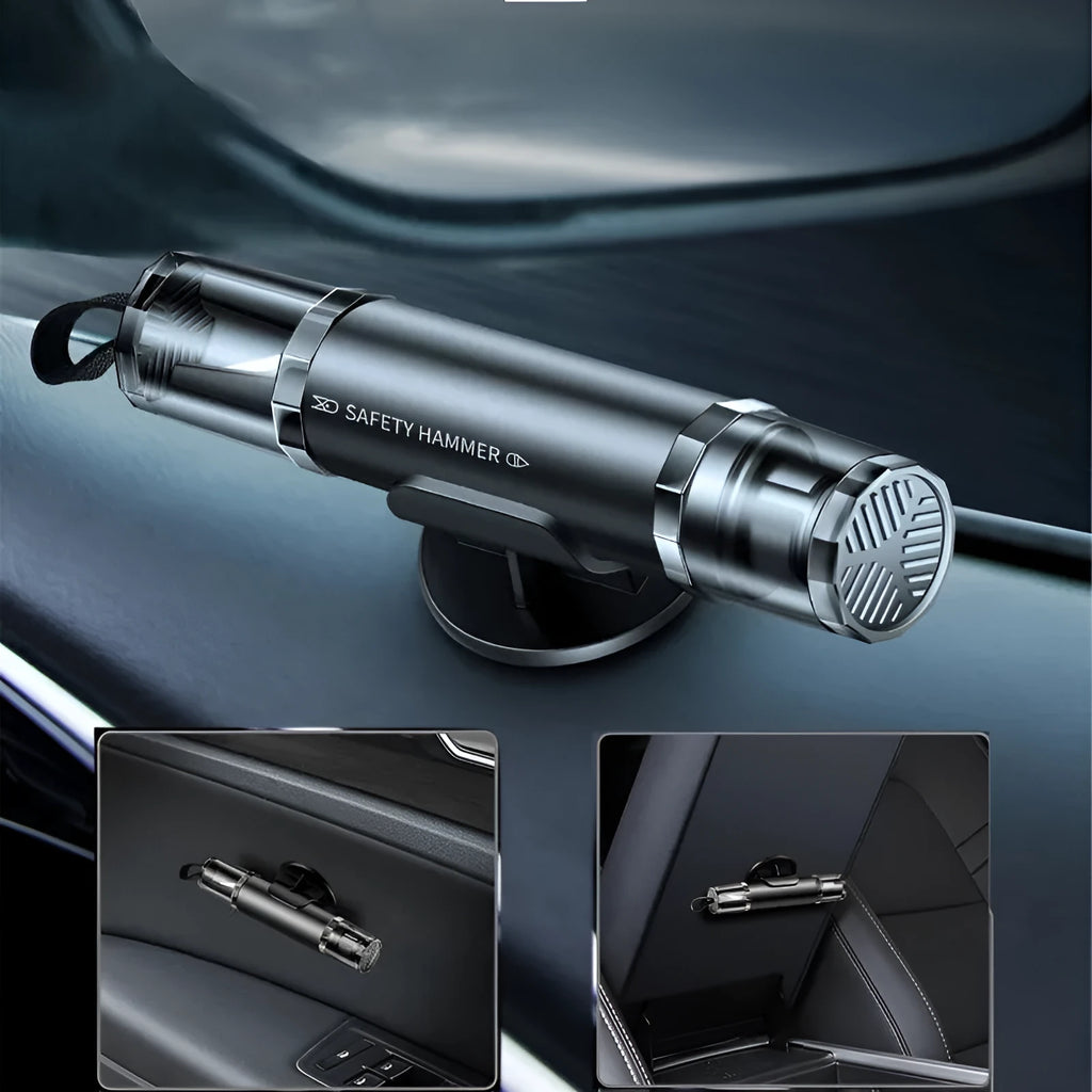 Black and red aluminium alloy car emergency window breaker and seat belt cutter tool with a mounting bracket.
