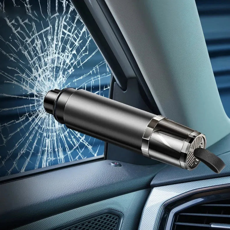 Black and red aluminium alloy car emergency window breaker and seat belt cutter tool with a mounting bracket.
