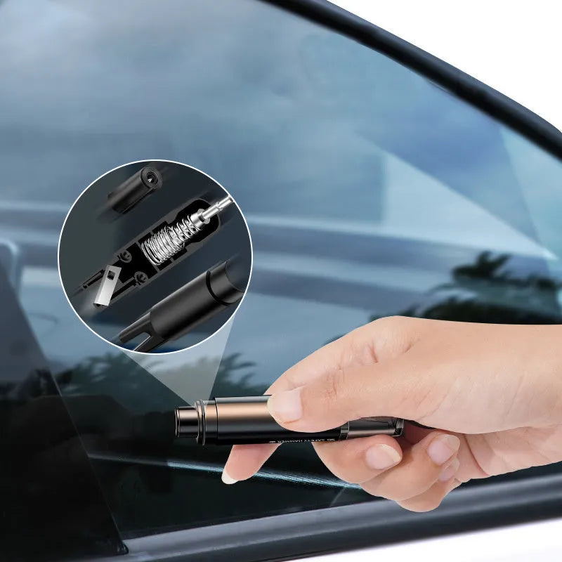 Black and red aluminium alloy car emergency window breaker and seat belt cutter tool with a mounting bracket.