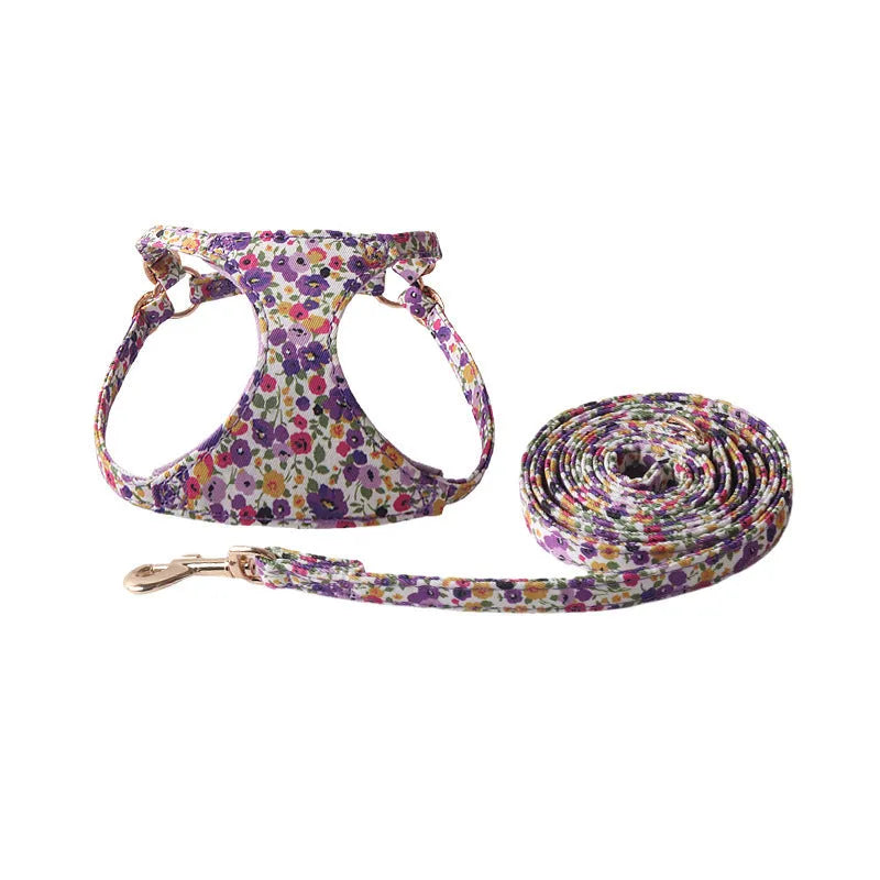 Floral pattern cloth pet harness with leash in orange colour showing single chest back design