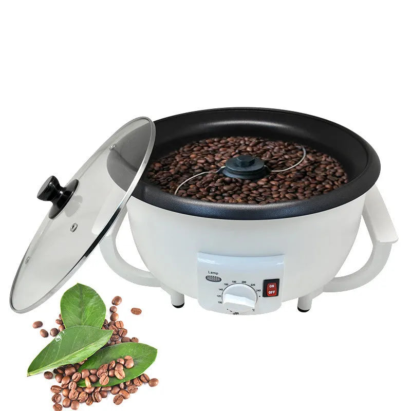 White oblate coffee bean roasting machine with 750g capacity and 225mm base
