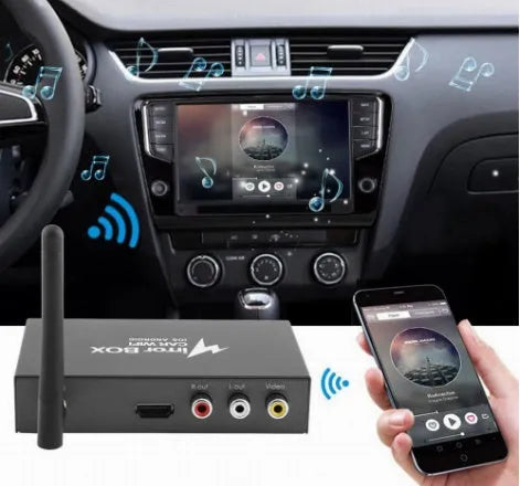 Black car mirror link box Wi-Fi converter with power cable, AV cable, antenna, and user manual for screen mirroring.