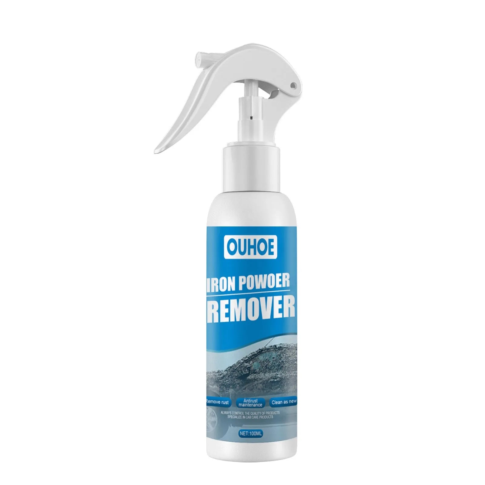 Automotive iron powder rust remover spray bottle with blue square sponge and towel application options.