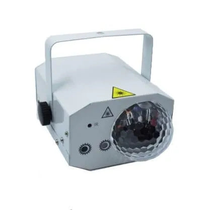 Black and white LED laser magic fan stage light with remote control on a stand.