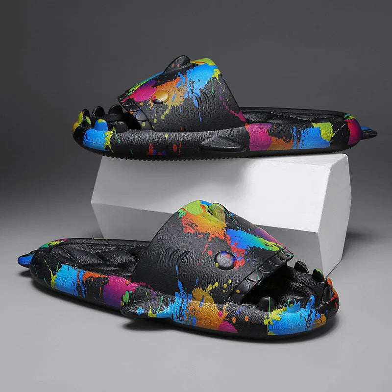 Shark design open-toe EVA slippers for home use in multiple colours and sizes.