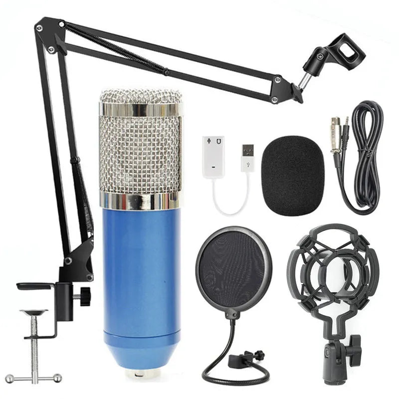 BM-800 condenser studio microphone with electroplated mesh head in choice of colours including black, silver, gold, and pink.