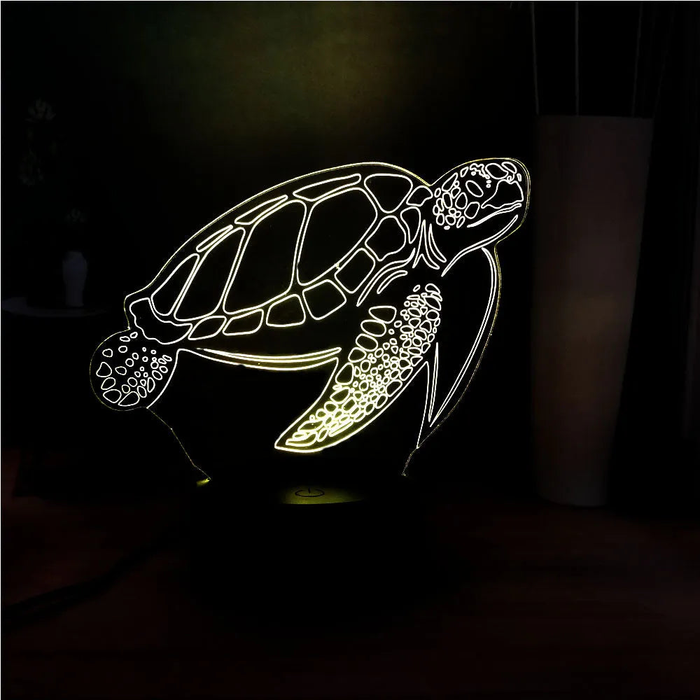 3D acrylic turtle-shaped LED night light showing multiple colour options and detailed sculpting