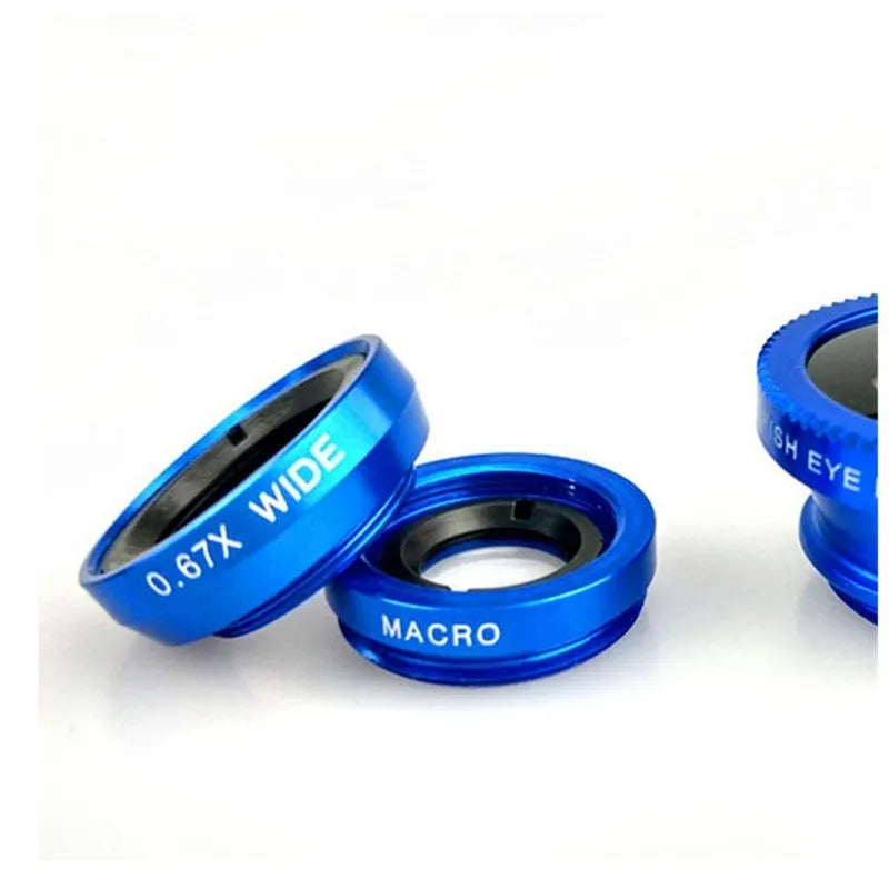 Smartphone camera lens kit with fisheye, macro, and wide angle lenses in aluminium alloy housing