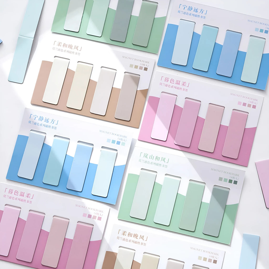 Set of four miniature magnetic bookmarks in Morandi colour block designs: soft blue, grey-green, dusty pink, and mauve.