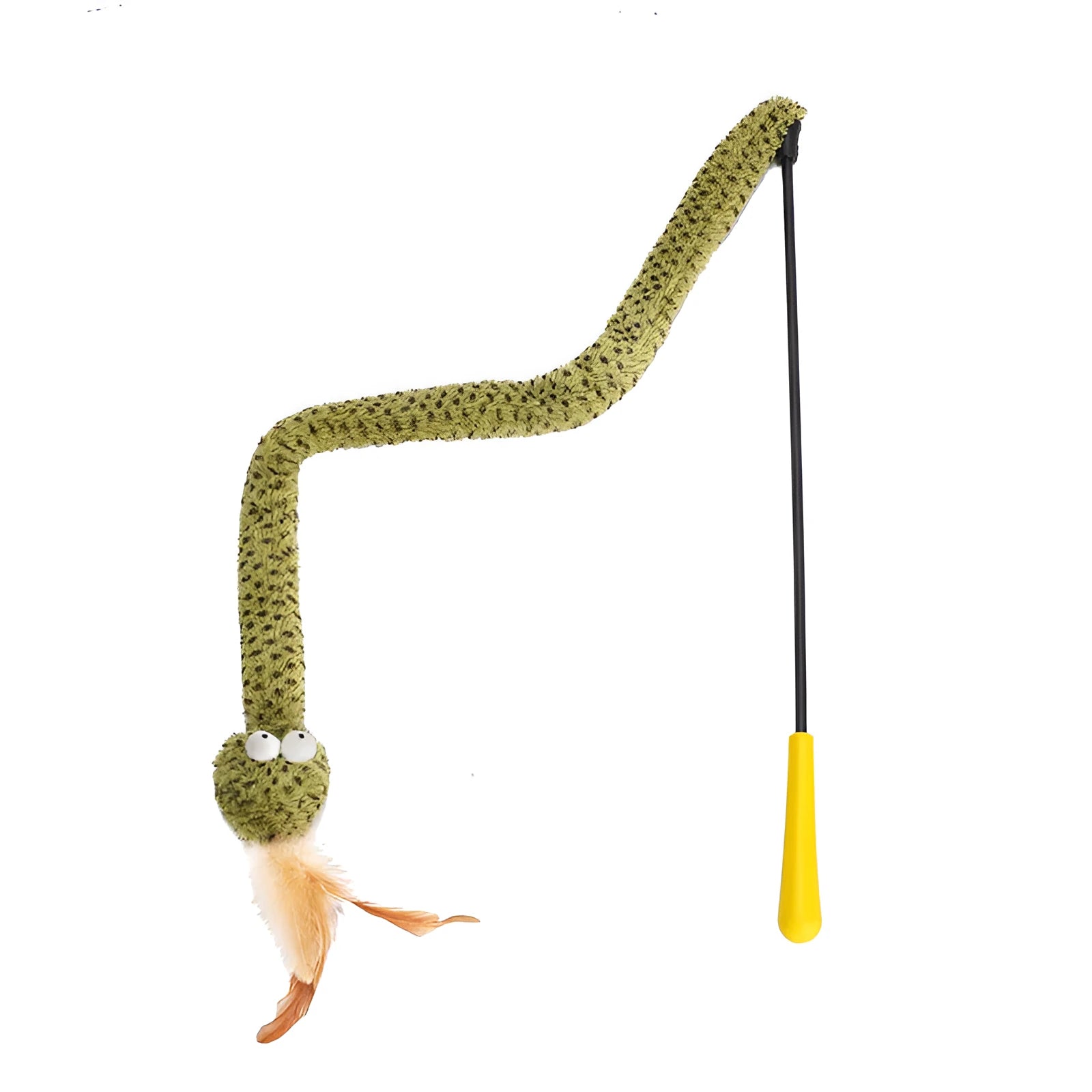 Green cat teasing stick with feather attachment on 140cm extendable pole for interactive feline play