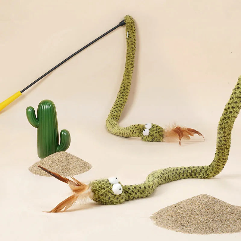 Green cat teasing stick with feather attachment on 140cm extendable pole for interactive feline play