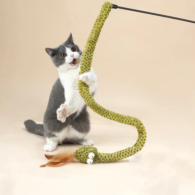 Green cat teasing stick with feather attachment on 140cm extendable pole for interactive feline play