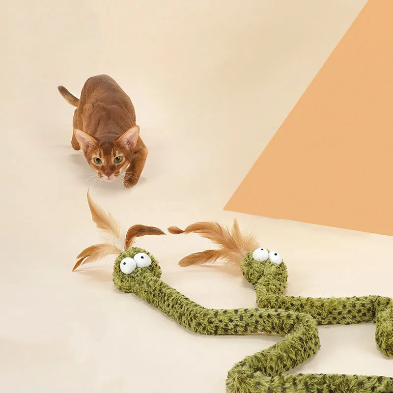 Green cat teasing stick with feather attachment on 140cm extendable pole for interactive feline play