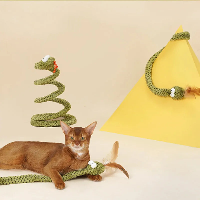 Green cat teasing stick with feather attachment on 140cm extendable pole for interactive feline play