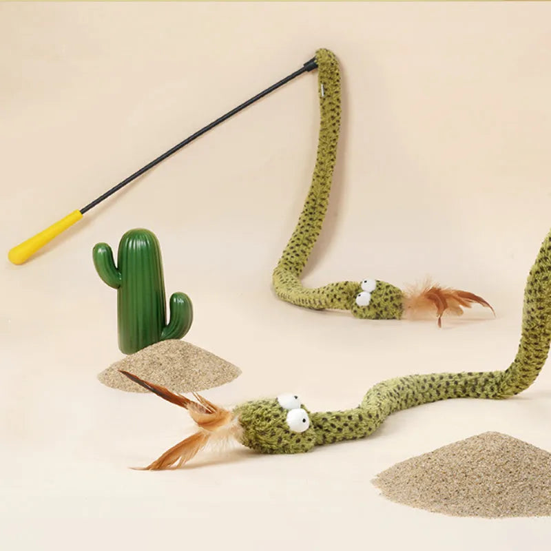 Green cat teasing stick with feather attachment on 140cm extendable pole for interactive feline play