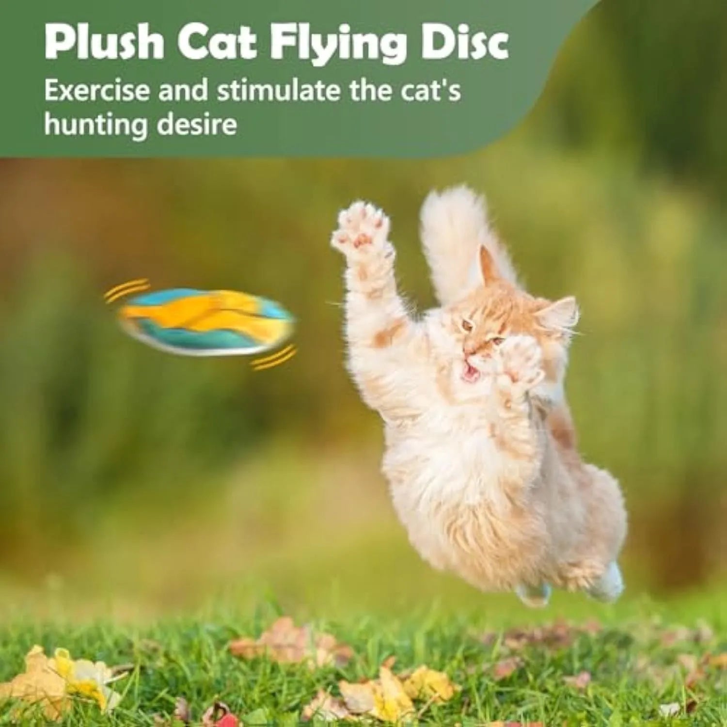Soft plush cat flying disc toy with sports ball pattern, containing catnip and crinkle sound.