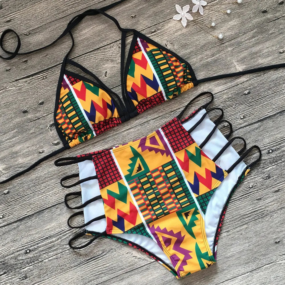Women's high-waist split bikini swimsuit with backless design and digital printing