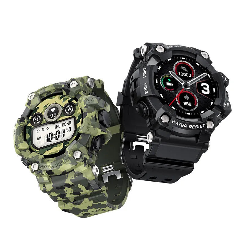 Black or Green T6 tactical rugged smart watch with 1.3-inch screen on wrist