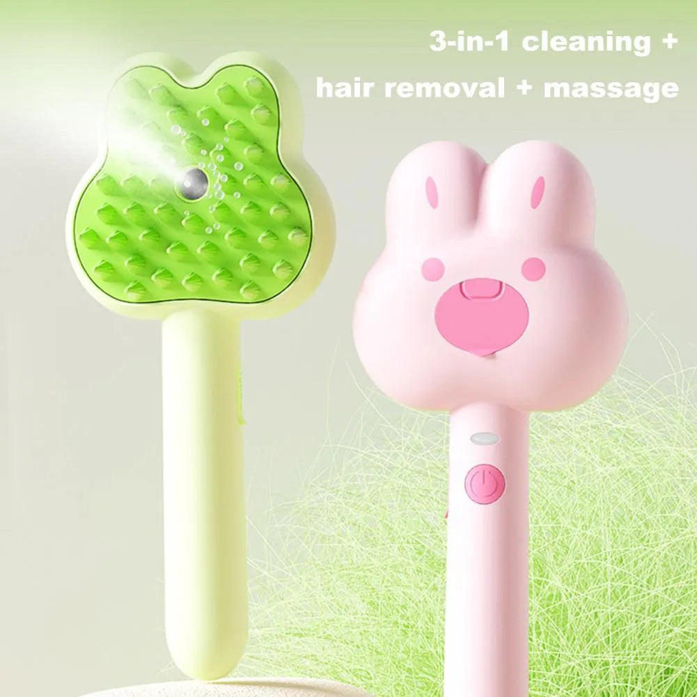 Rechargeable cat steam brush grooming tool in cartoon design with spray function