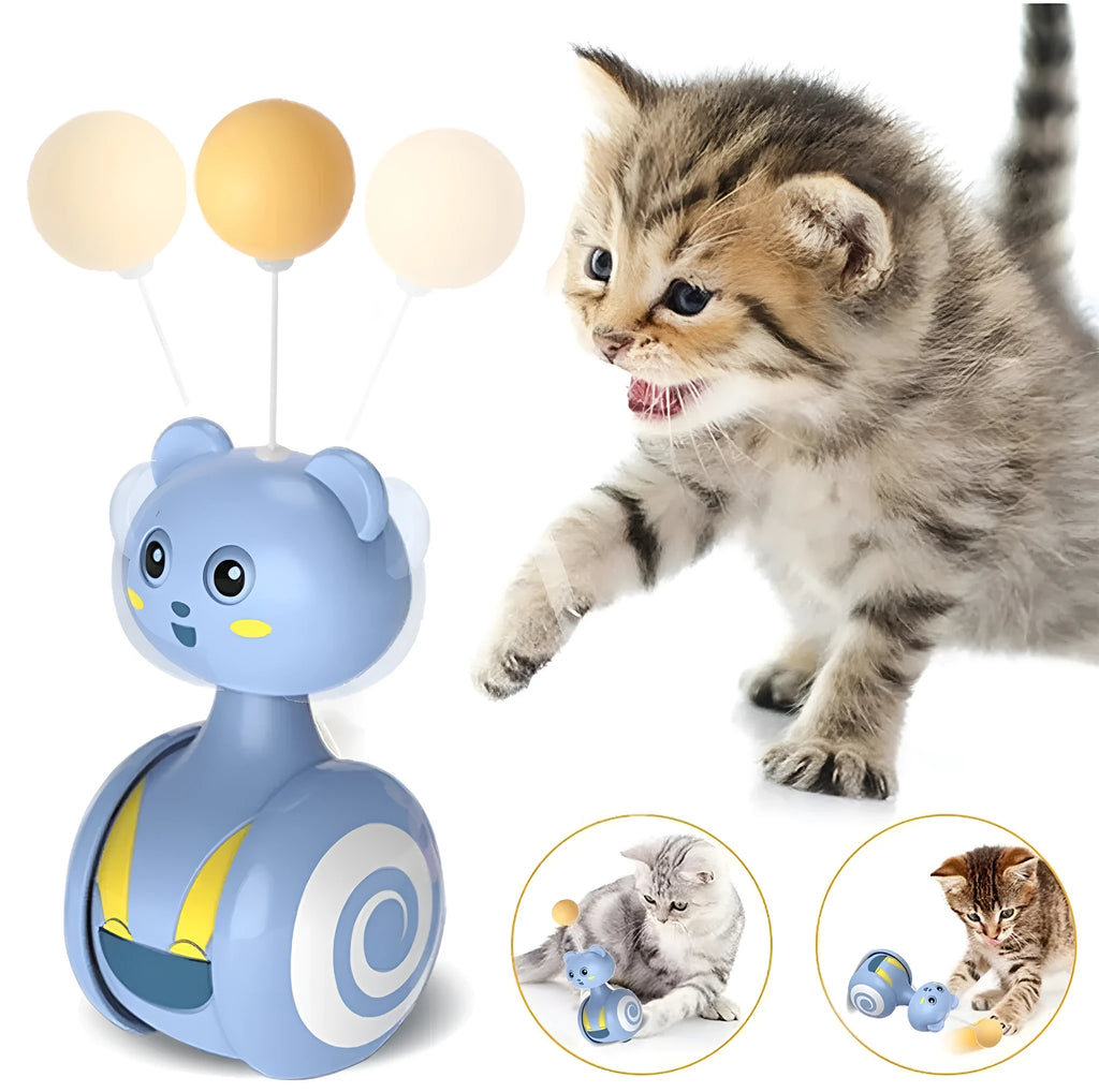 Interactive cat toy with rotating ball and feather wand in pink and blue colour options