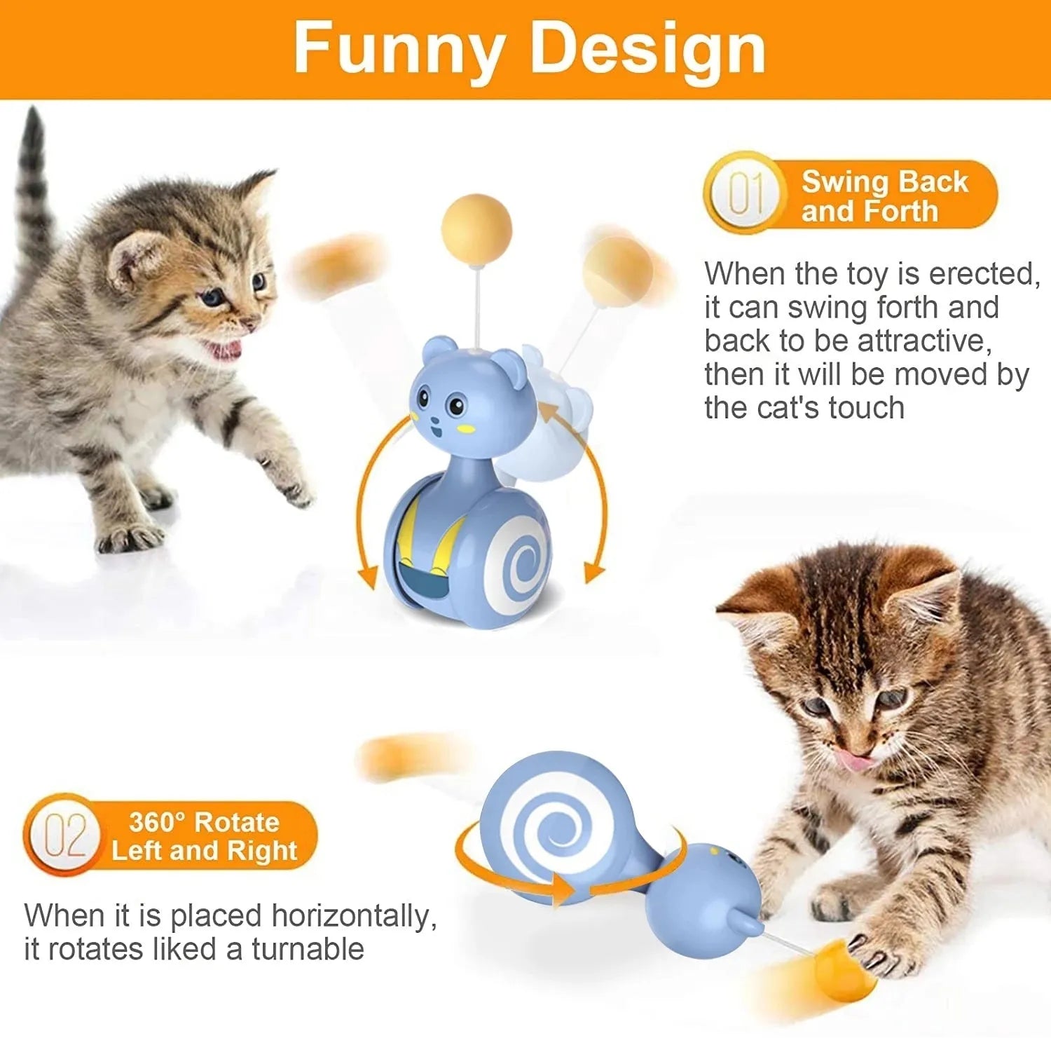 Interactive cat toy with rotating ball and feather wand in pink and blue colour options
