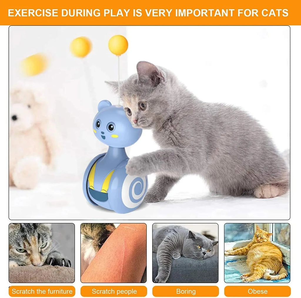 Interactive cat toy with rotating ball and feather wand in pink and blue colour options