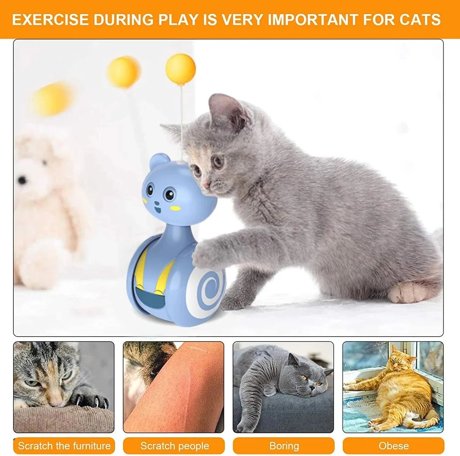 Interactive cat toy with rotating ball and feather wand in pink and blue colour options