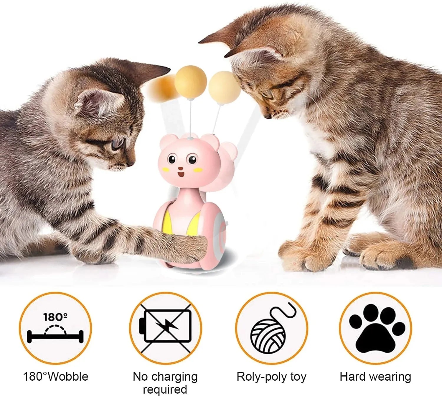 Interactive cat toy with rotating ball and feather wand in pink and blue colour options